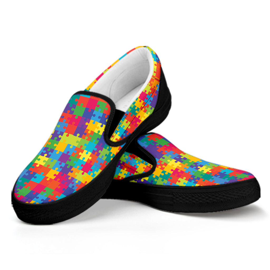 Colorful Autism Awareness Jigsaw Print Black Slip On Shoes