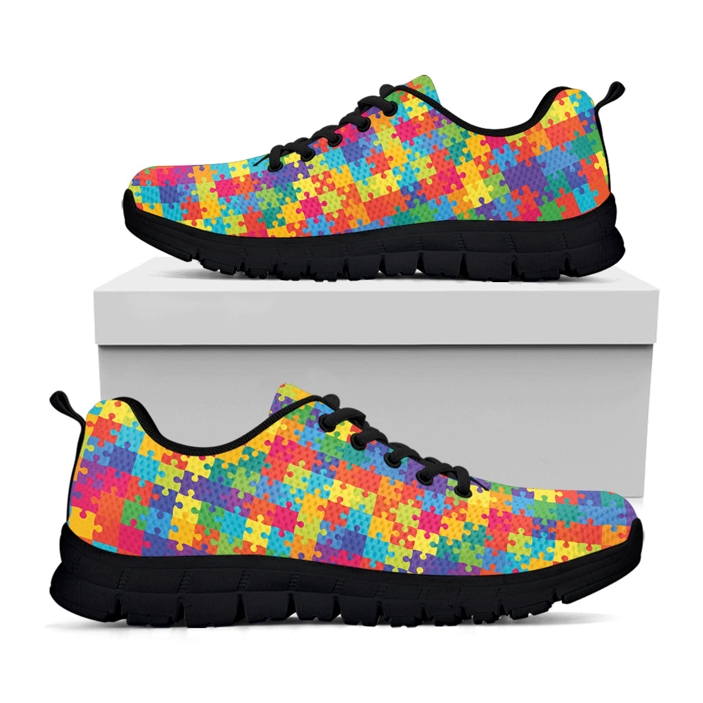 Colorful Autism Awareness Jigsaw Print Black Sneakers