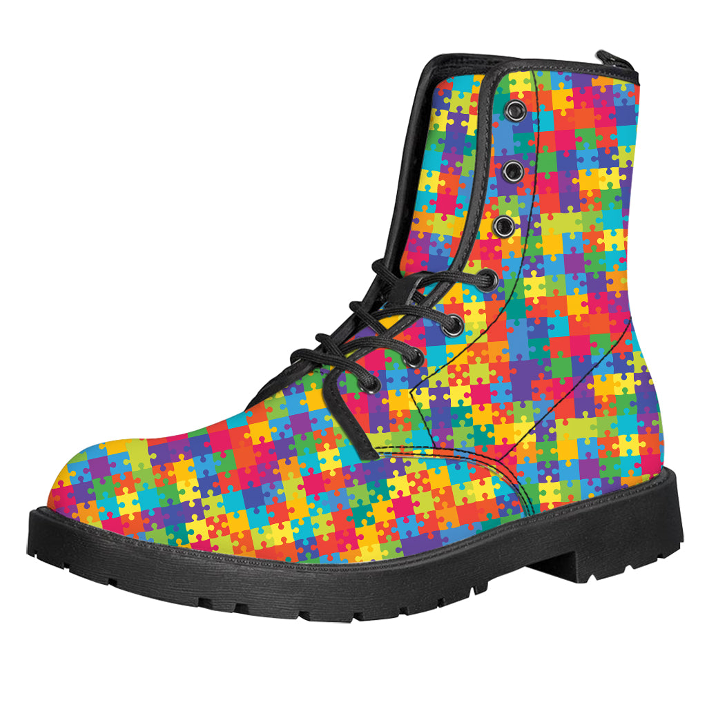 Colorful Autism Awareness Jigsaw Print Leather Boots