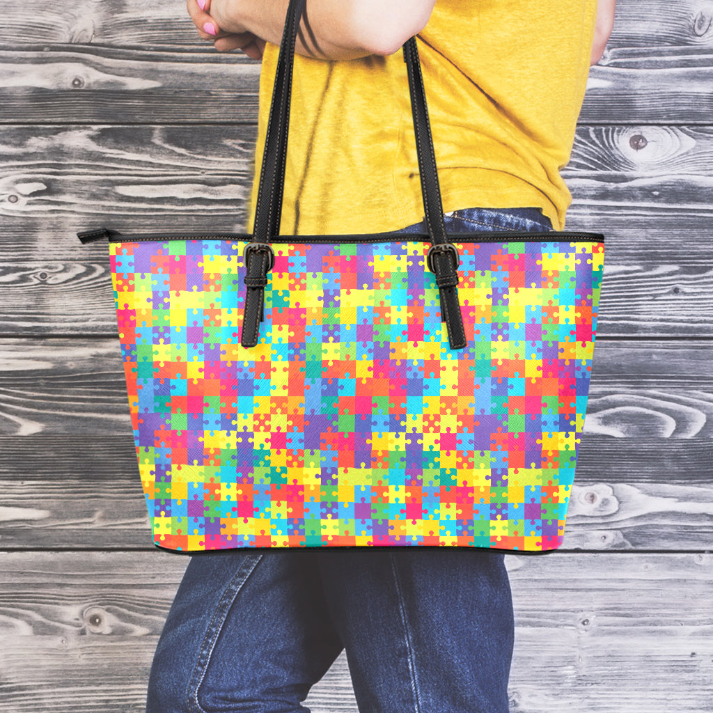 Colorful Autism Awareness Jigsaw Print Leather Tote Bag