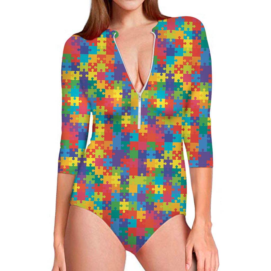 Colorful Autism Awareness Jigsaw Print Long Sleeve One Piece Swimsuit