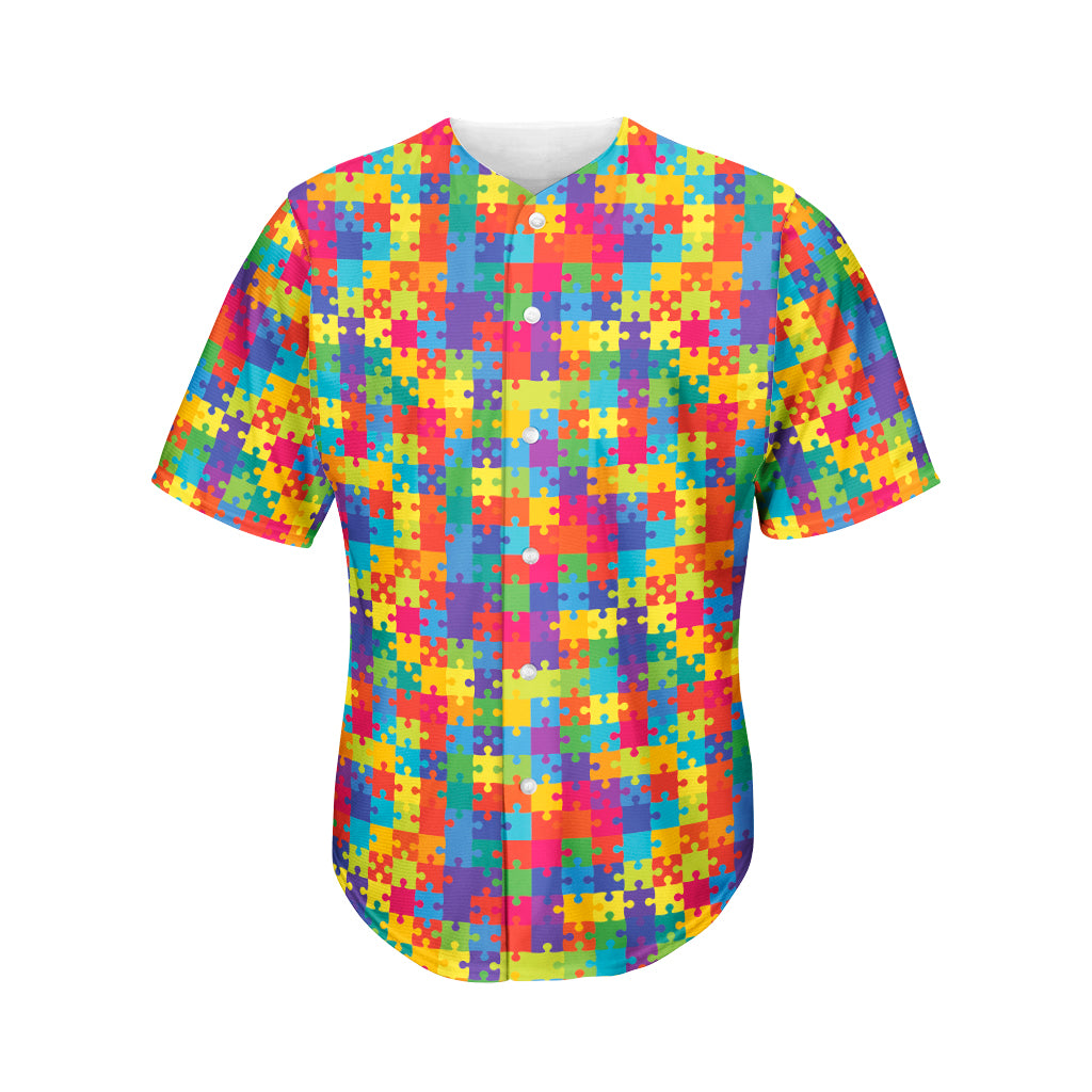 Colorful Autism Awareness Jigsaw Print Men's Baseball Jersey