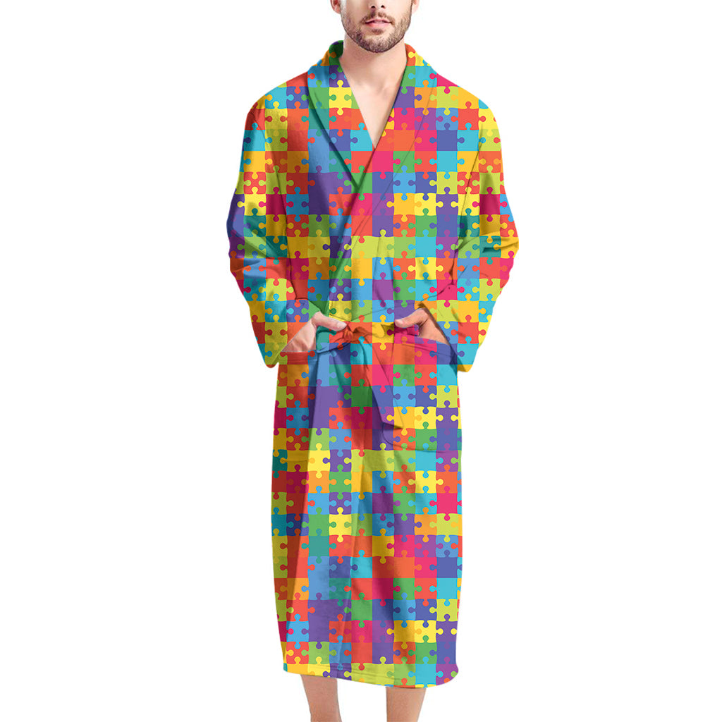 Colorful Autism Awareness Jigsaw Print Men's Bathrobe