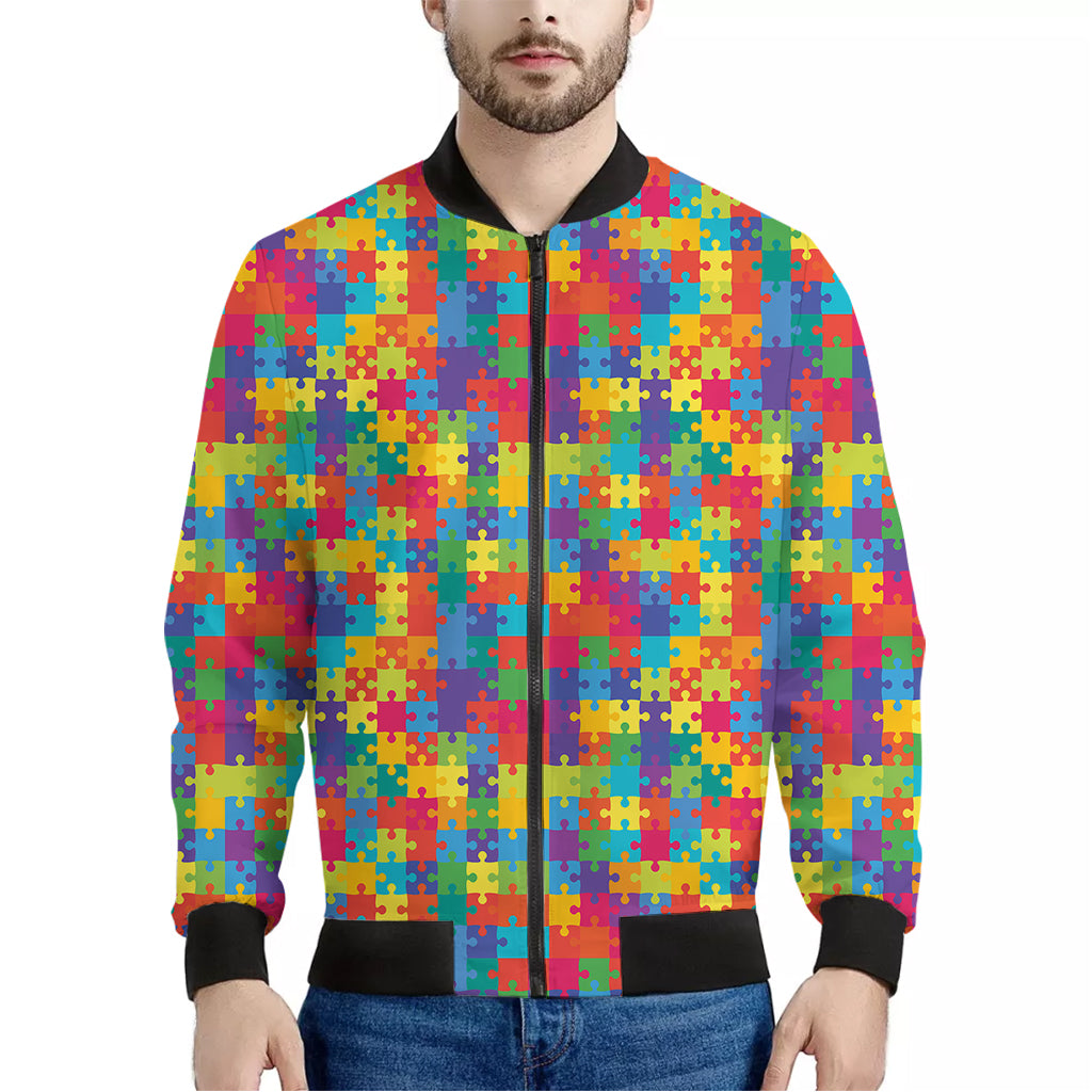 Colorful Autism Awareness Jigsaw Print Men's Bomber Jacket