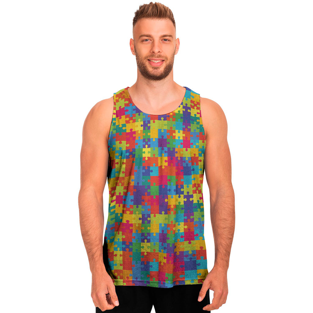 Colorful Autism Awareness Jigsaw Print Men's Tank Top