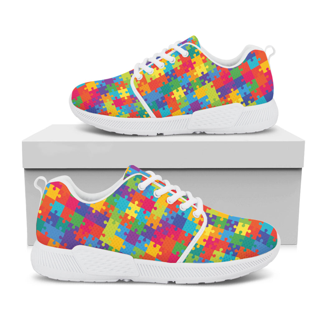 Colorful Autism Awareness Jigsaw Print White Athletic Shoes