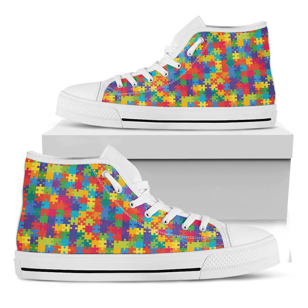 Colorful Autism Awareness Jigsaw Print White High Top Shoes