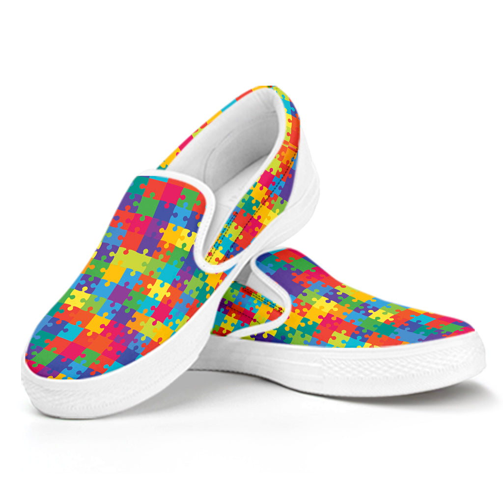 Colorful Autism Awareness Jigsaw Print White Slip On Shoes