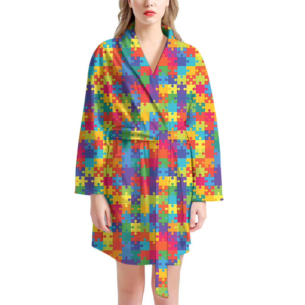 Colorful Autism Awareness Jigsaw Print Women's Bathrobe