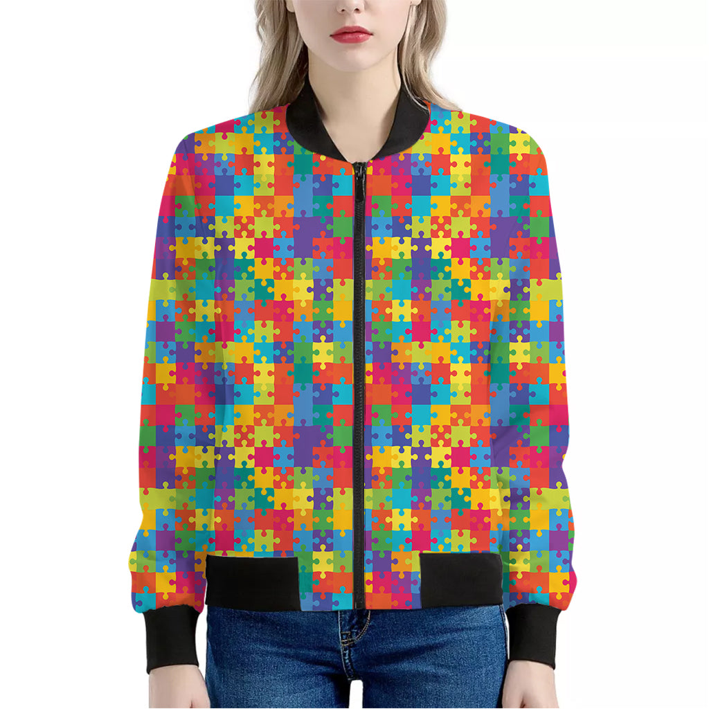 Colorful Autism Awareness Jigsaw Print Women's Bomber Jacket