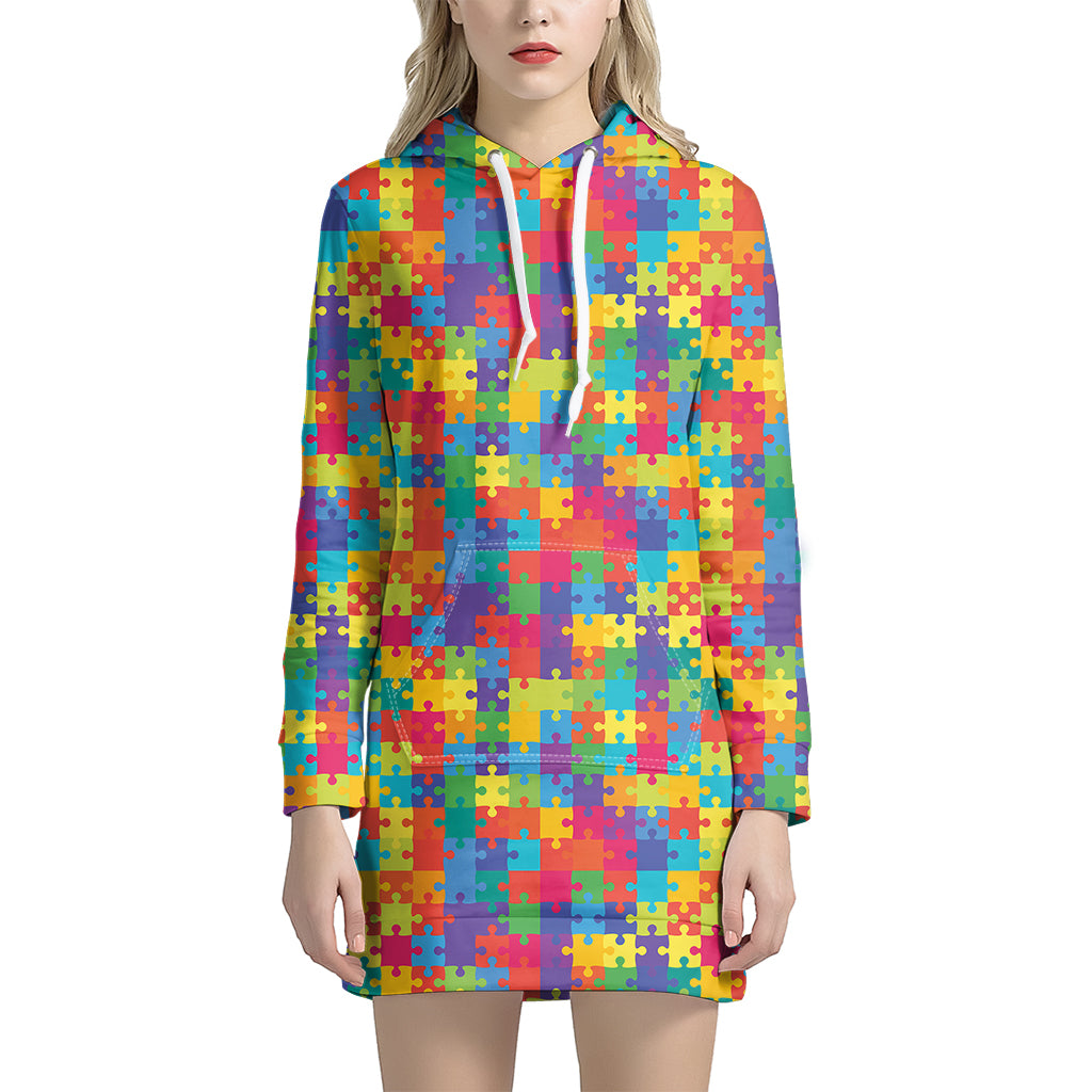 Colorful Autism Awareness Jigsaw Print Women's Pullover Hoodie Dress