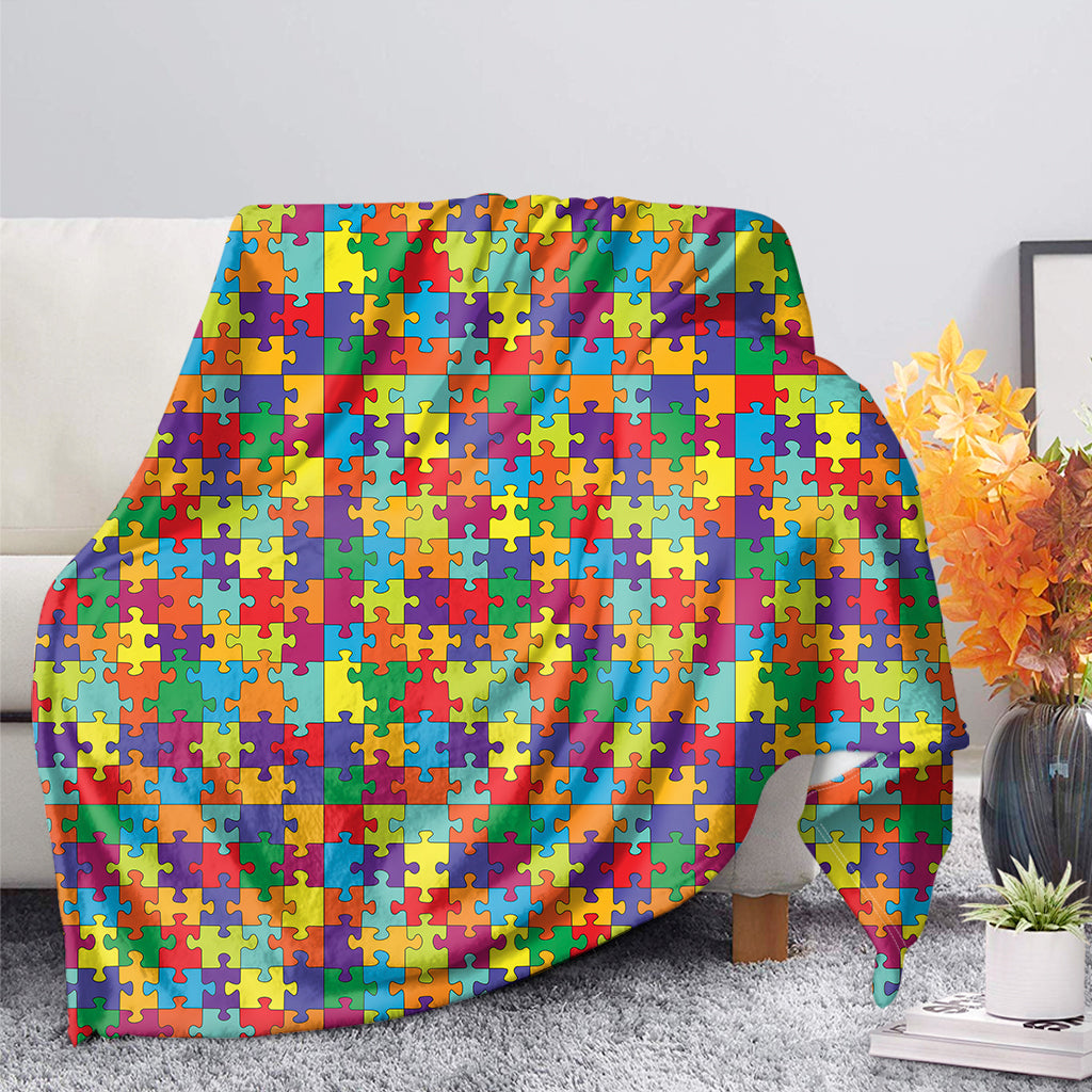 Colorful Autism Awareness Puzzle Print Blanket