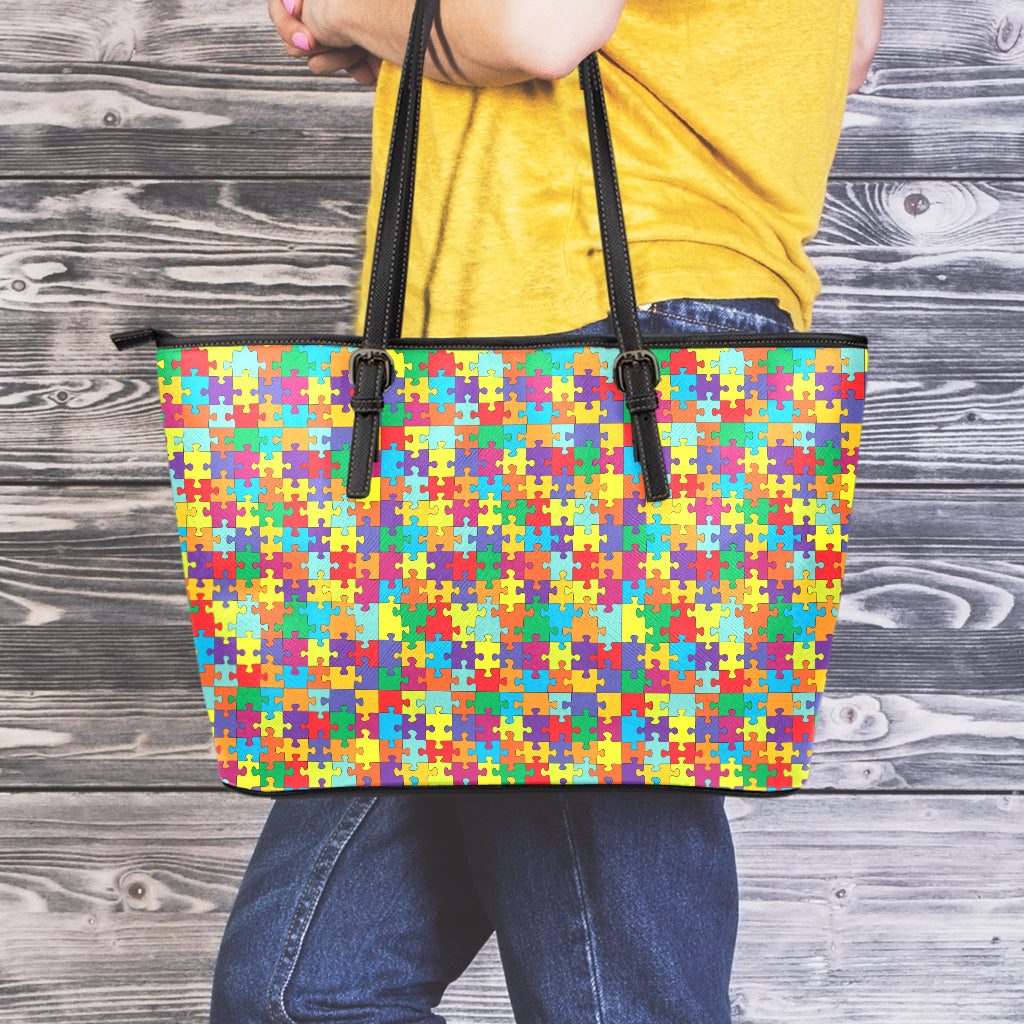 Colorful Autism Awareness Puzzle Print Leather Tote Bag