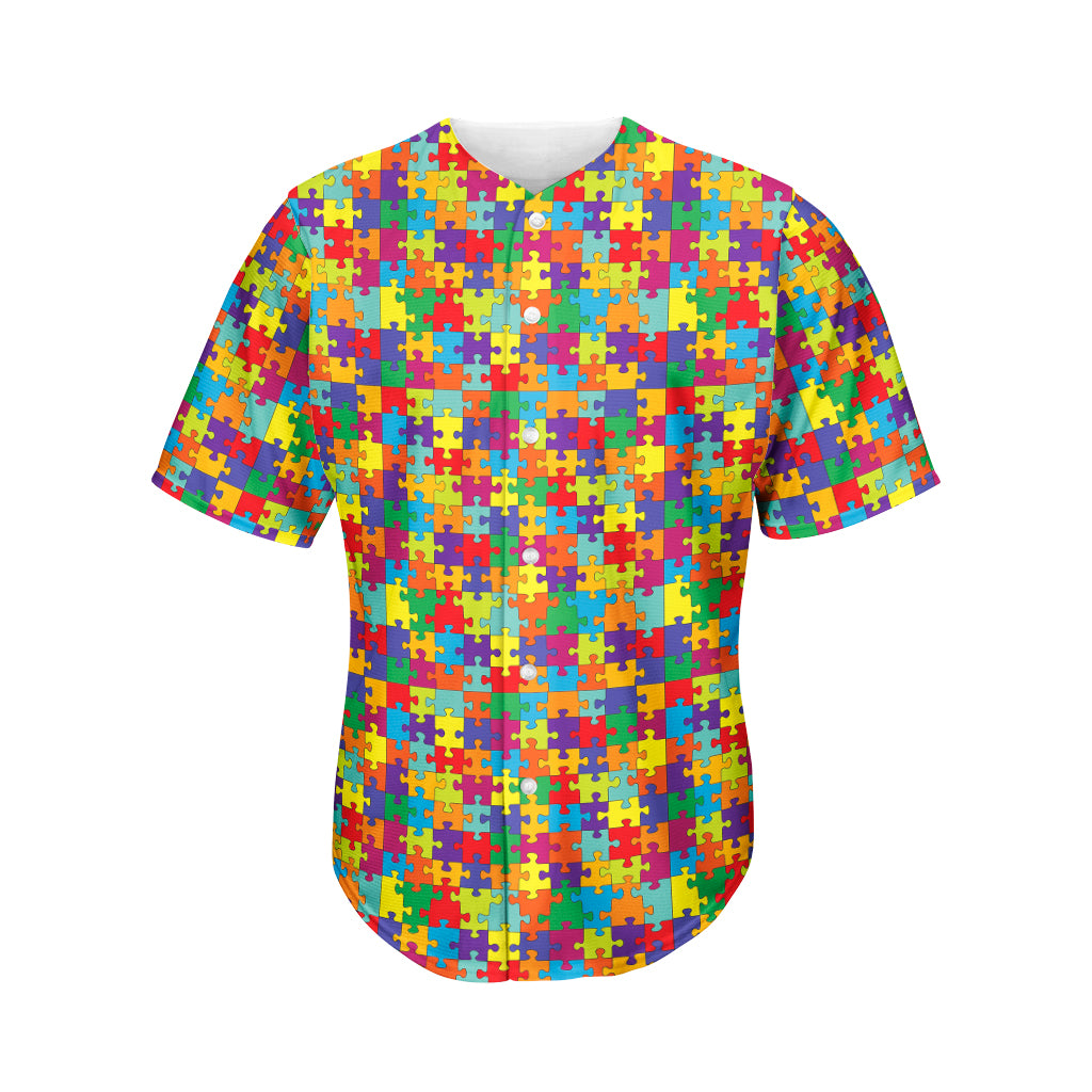 Colorful Autism Awareness Puzzle Print Men's Baseball Jersey