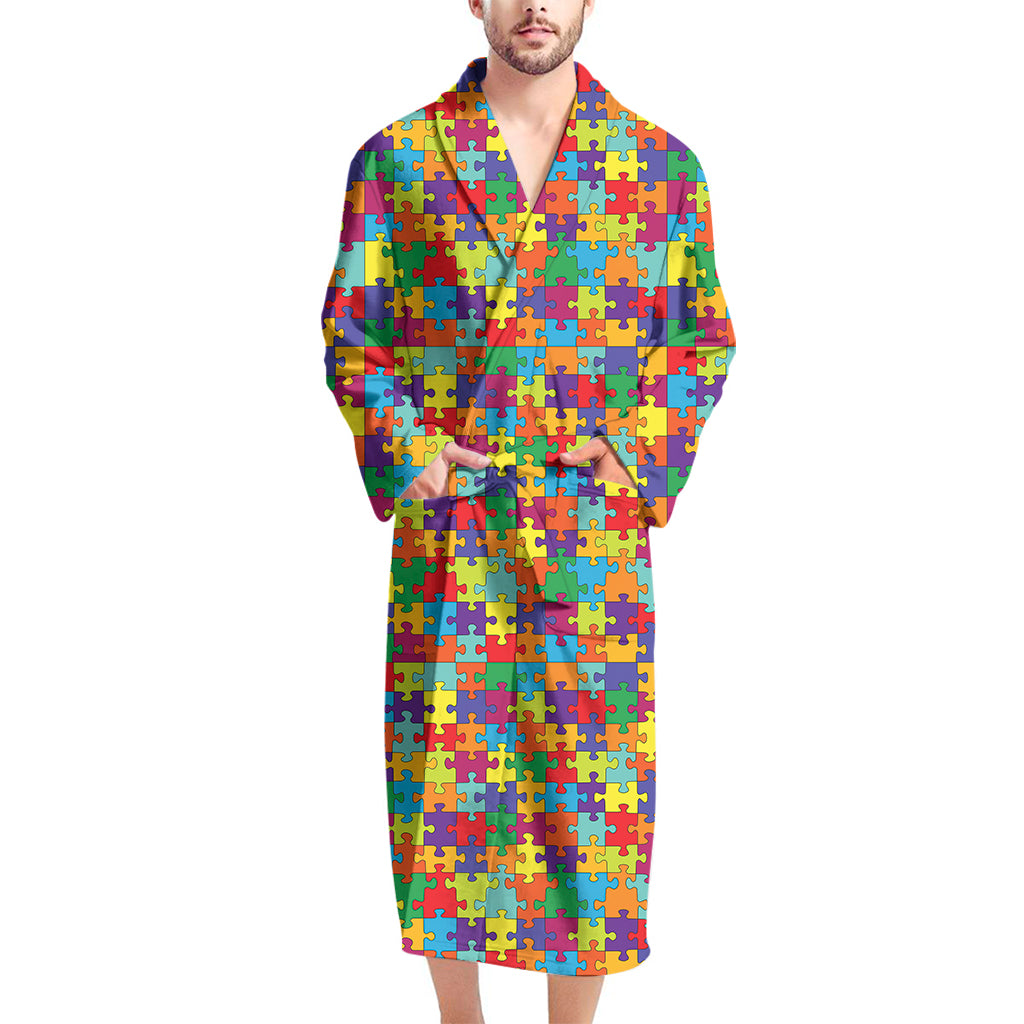 Colorful Autism Awareness Puzzle Print Men's Bathrobe