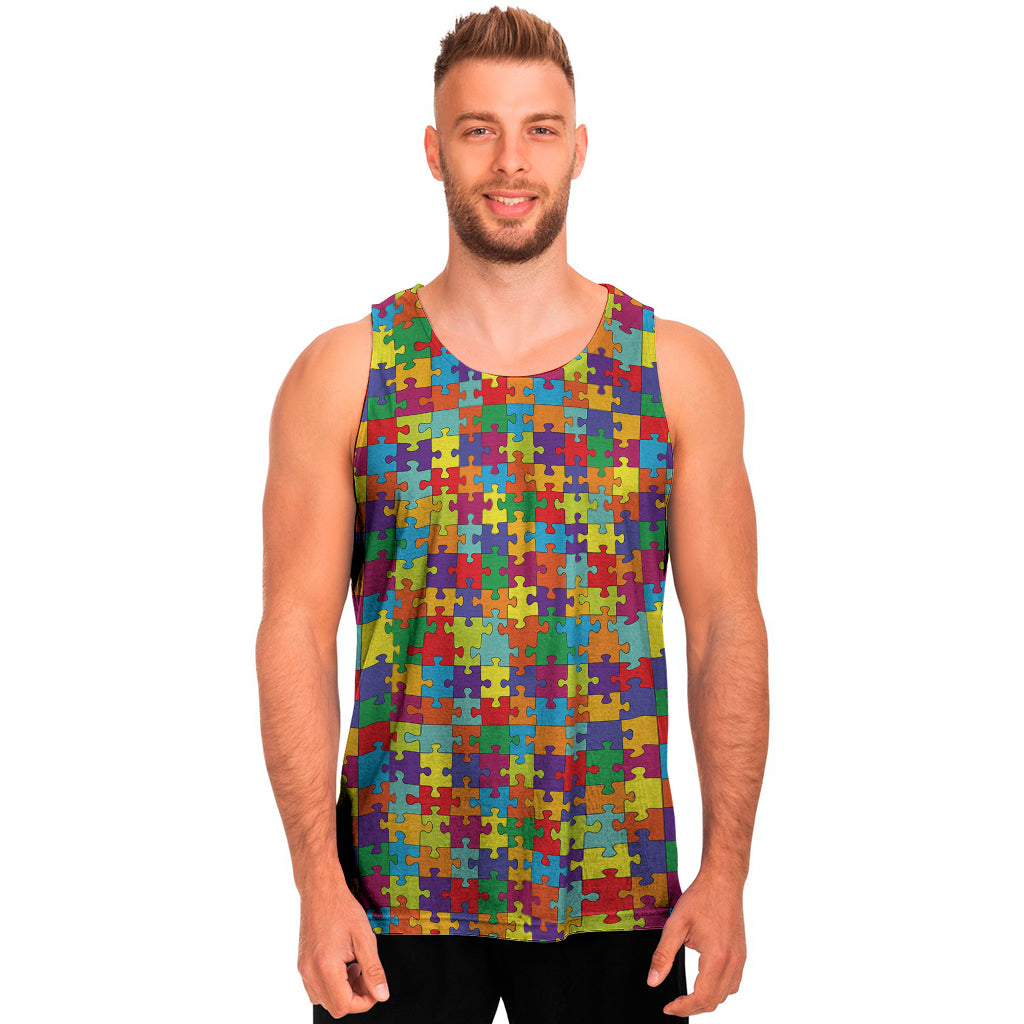 Colorful Autism Awareness Puzzle Print Men's Tank Top