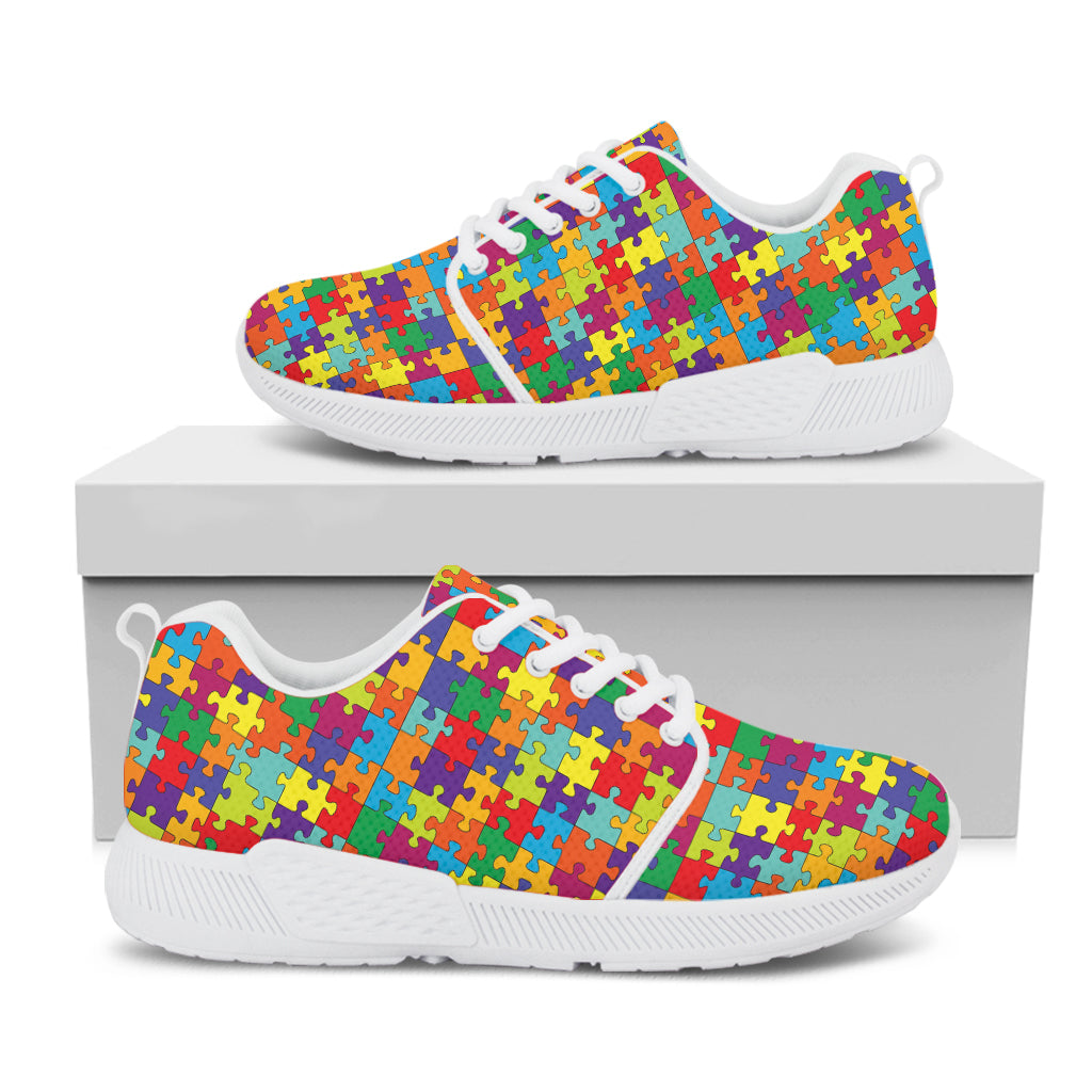 Colorful Autism Awareness Puzzle Print White Athletic Shoes