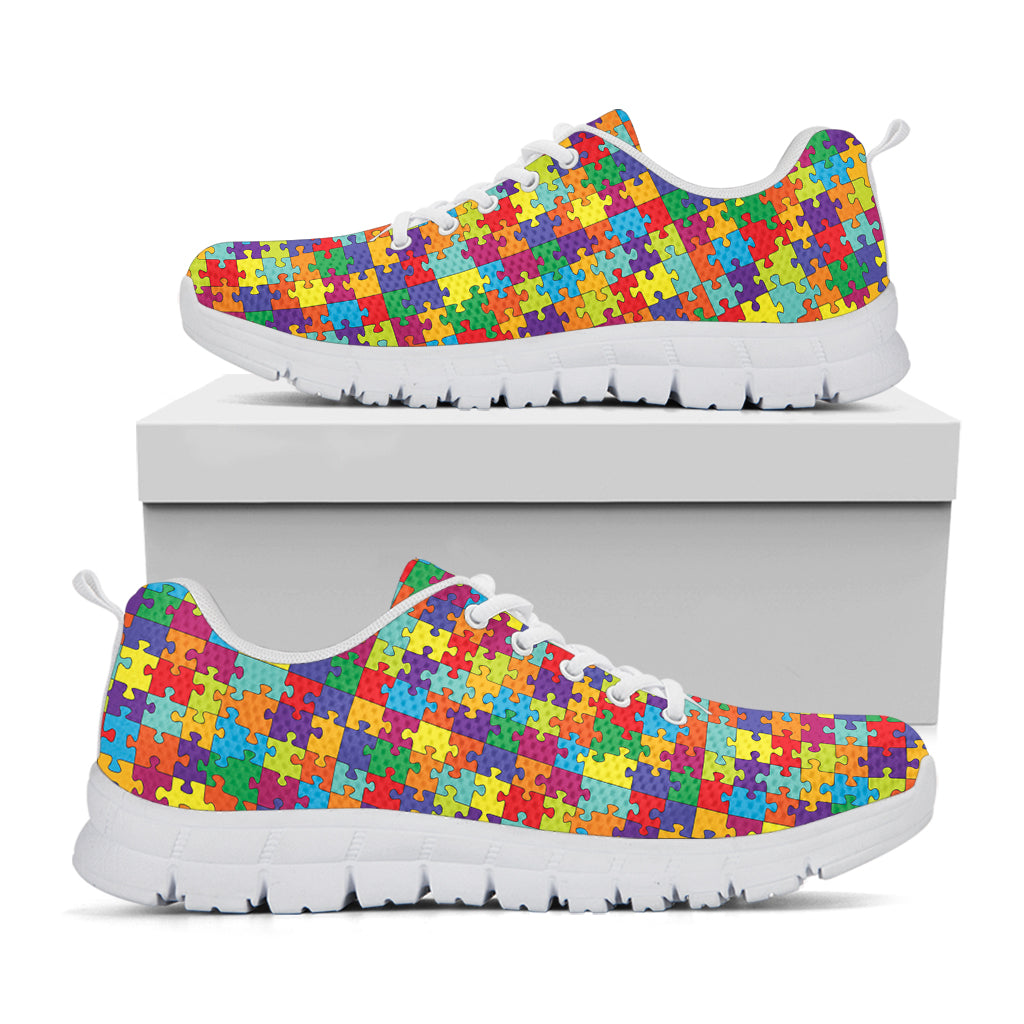 Colorful Autism Awareness Puzzle Print White Sneakers