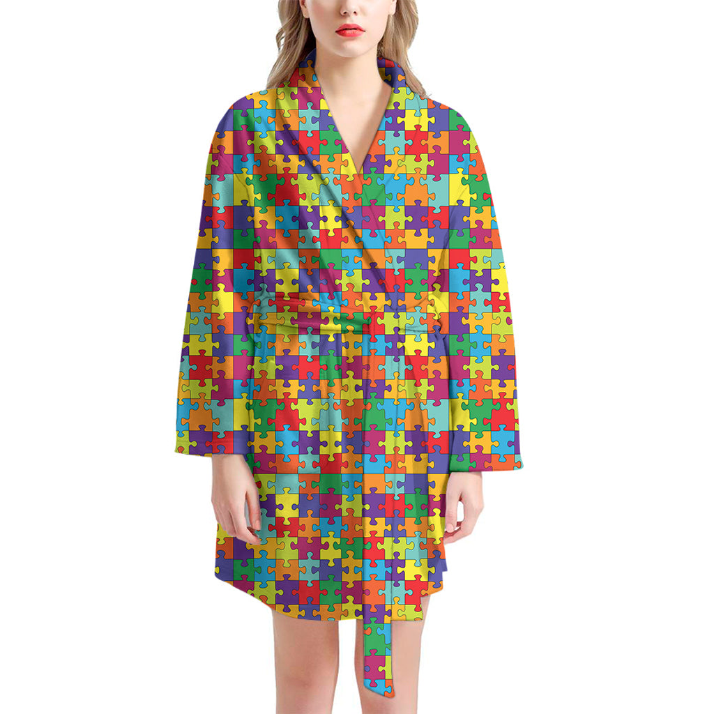 Colorful Autism Awareness Puzzle Print Women's Bathrobe