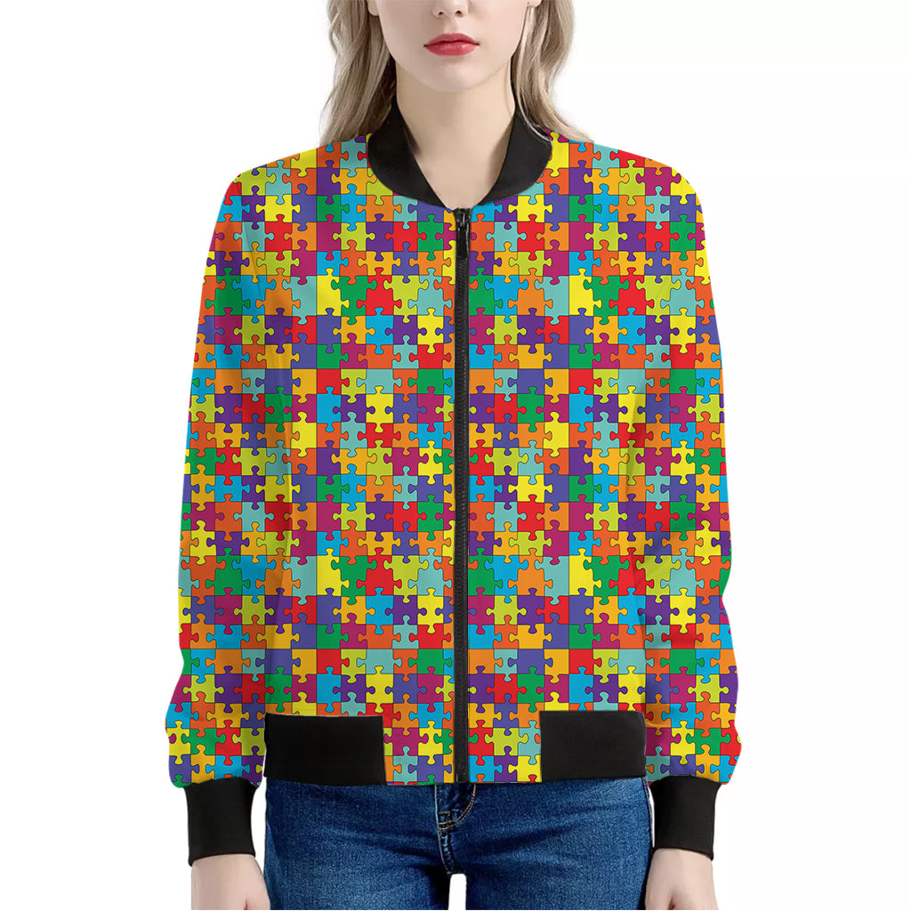 Colorful Autism Awareness Puzzle Print Women's Bomber Jacket