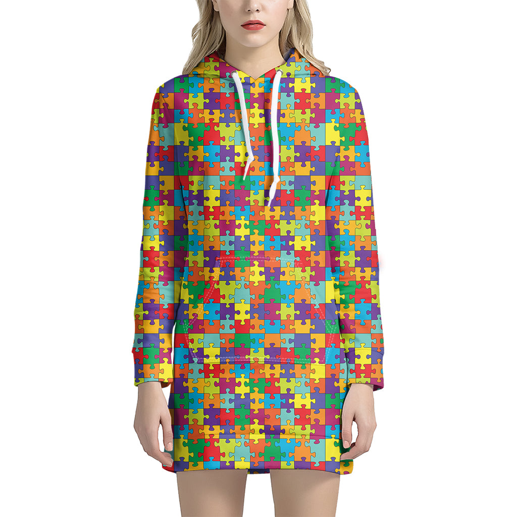 Colorful Autism Awareness Puzzle Print Women's Pullover Hoodie Dress