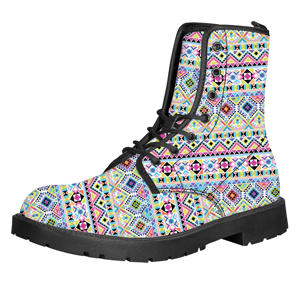 Colorful Aztec Geometric Pattern Print Leather Boots