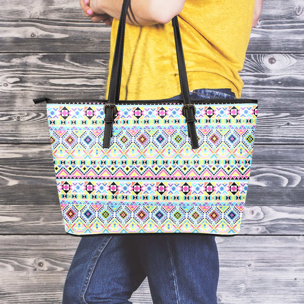 Colorful Aztec Geometric Pattern Print Leather Tote Bag