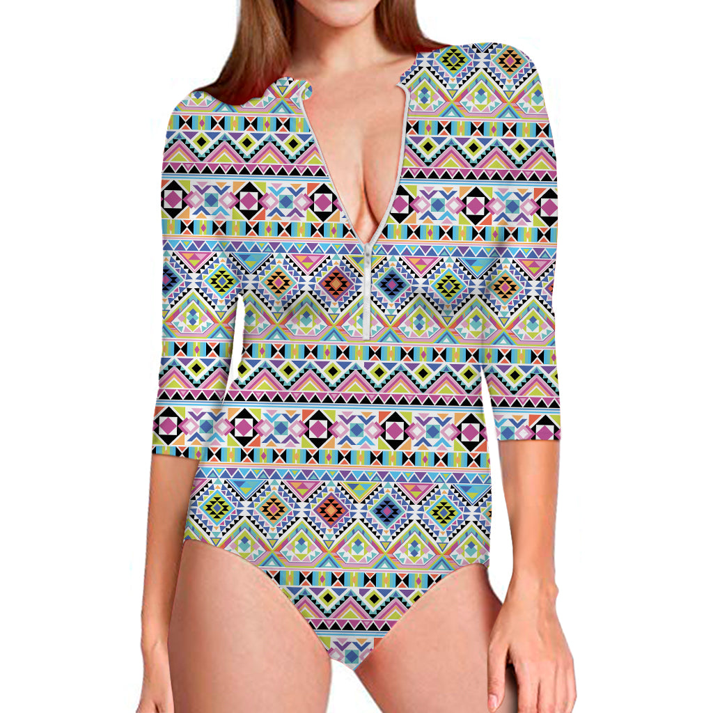 Colorful Aztec Geometric Pattern Print Long Sleeve One Piece Swimsuit