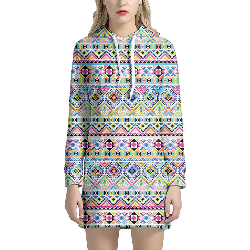 Colorful Aztec Geometric Pattern Print Women's Pullover Hoodie Dress