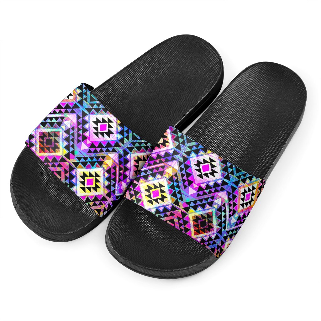 Colorful Aztec Pattern Print Black Slide Sandals