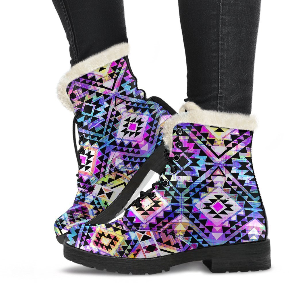 Colorful Aztec Pattern Print Faux Fur Leather Boots