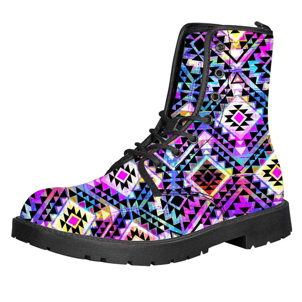 Colorful Aztec Pattern Print Leather Boots