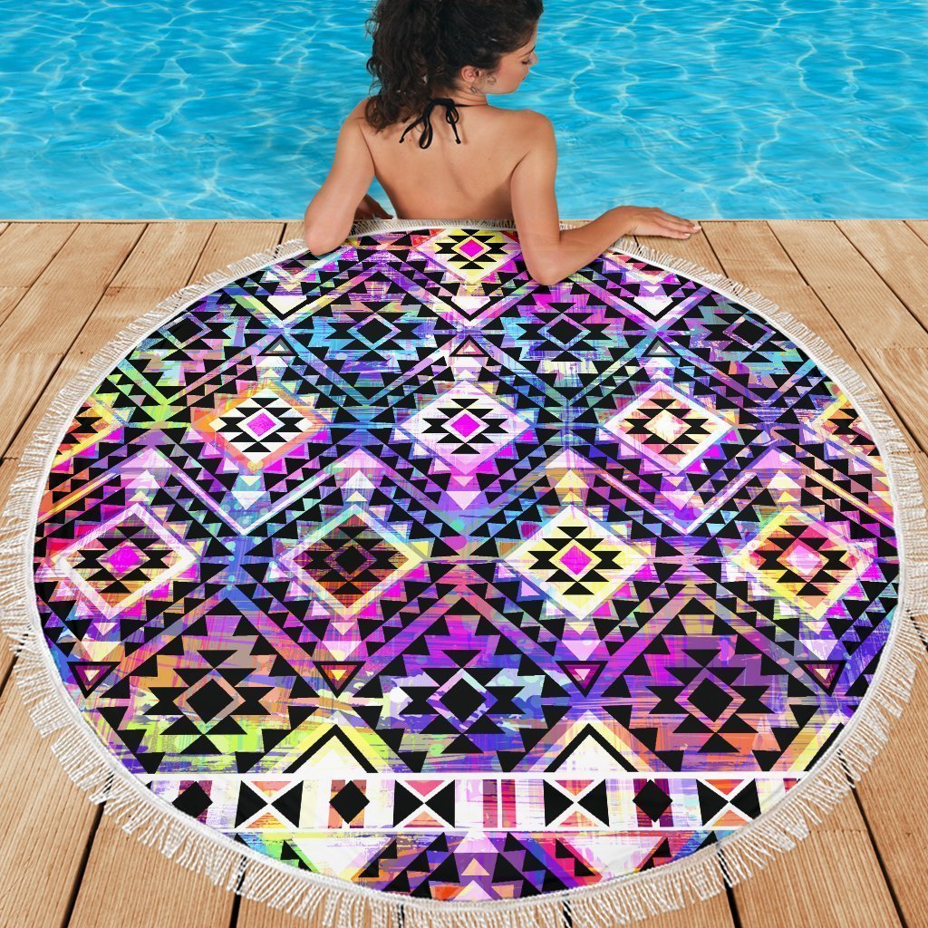 Colorful Aztec Pattern Print Round Beach Blanket