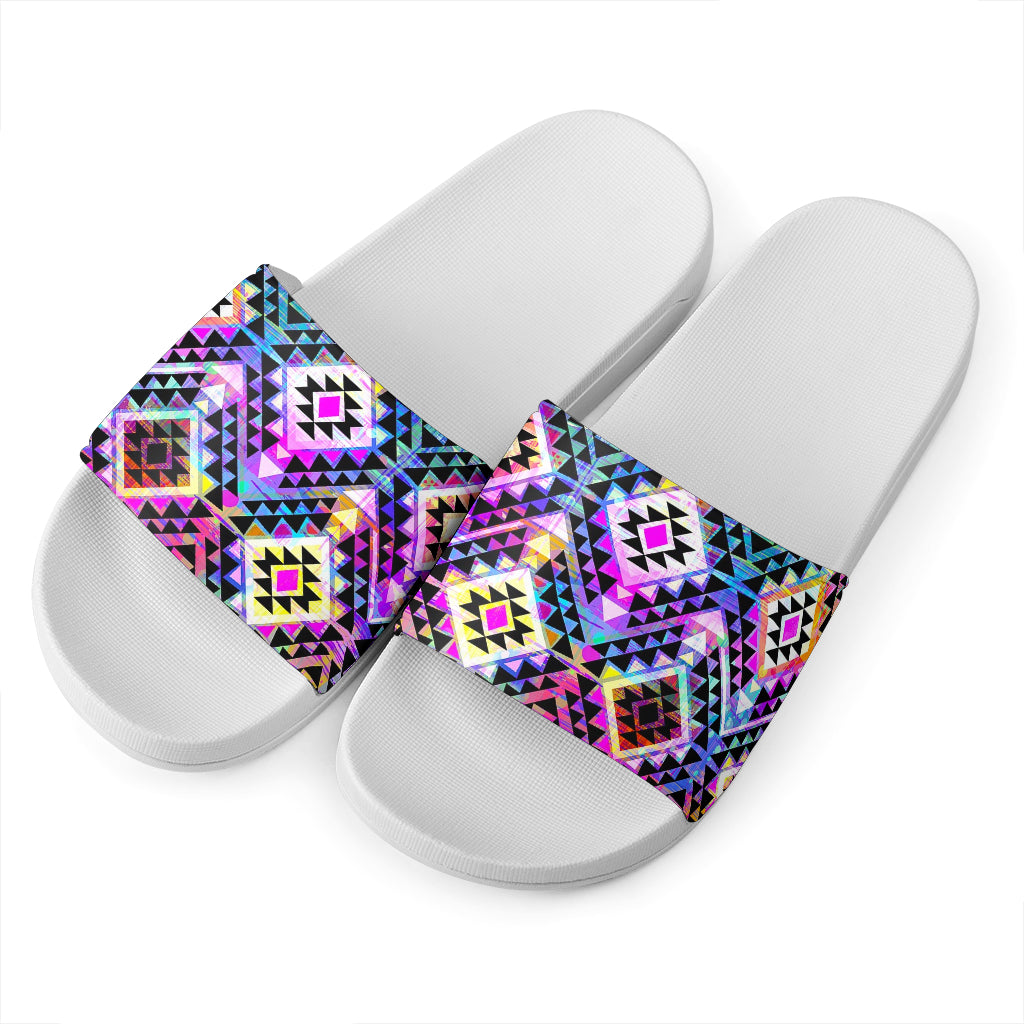 Colorful Aztec Pattern Print White Slide Sandals