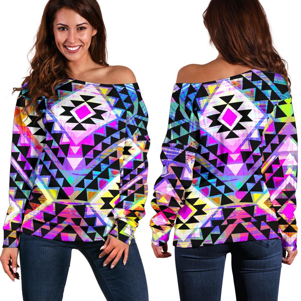 Colorful Aztec Pattern Print Women's Off-Shoulder Sweatshirt