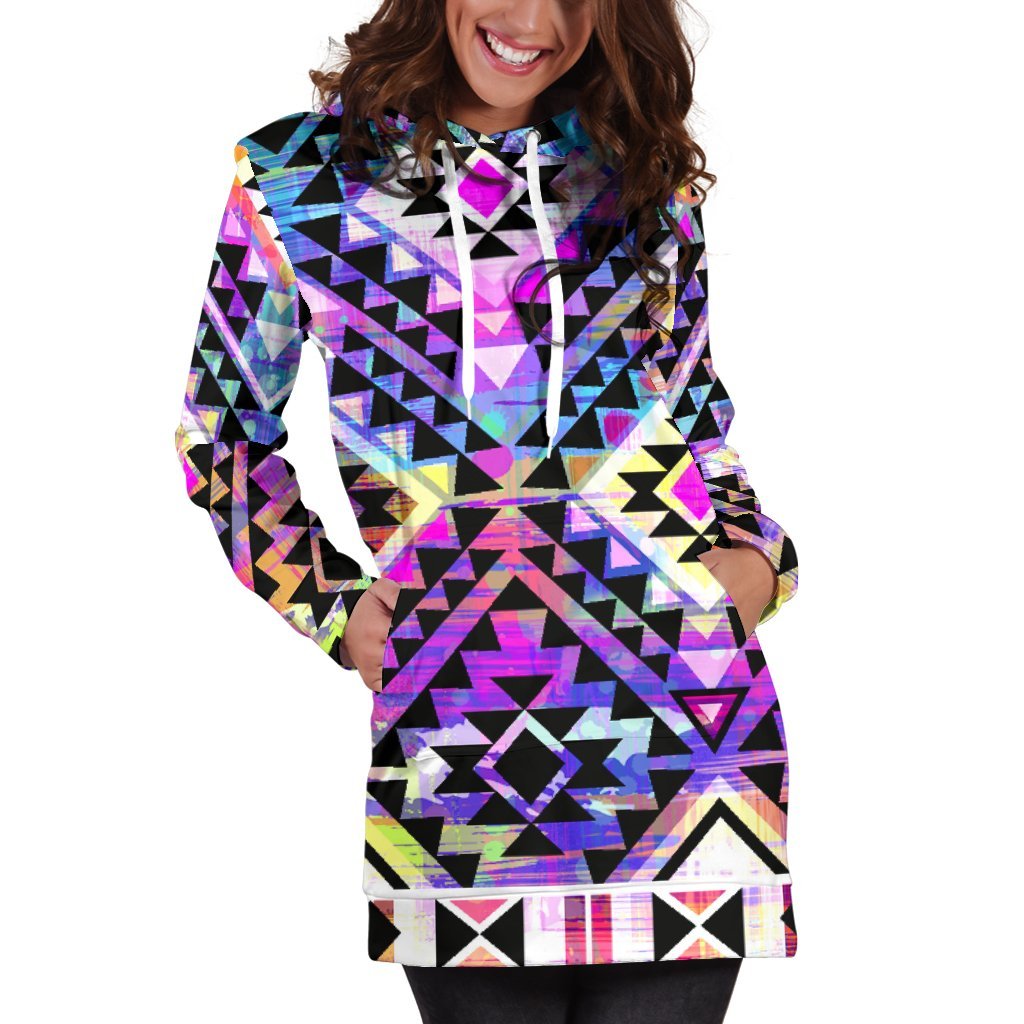 Colorful Aztec Pattern Print Women's Pullover Hoodie Dress