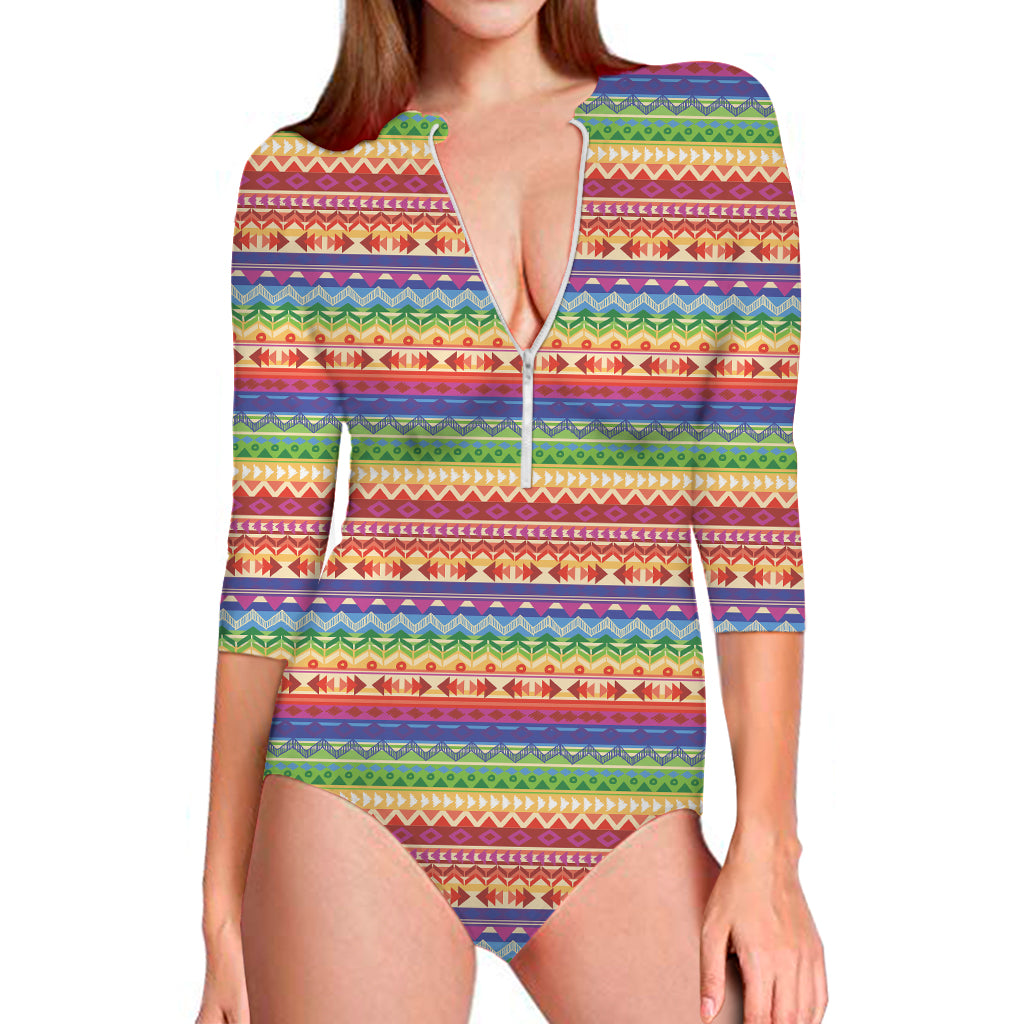 Colorful Aztec Tribal Pattern Print Long Sleeve One Piece Swimsuit