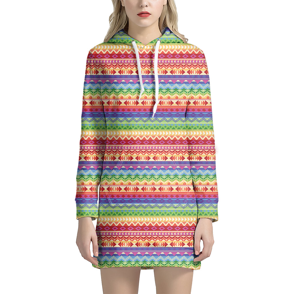 Colorful Aztec Tribal Pattern Print Women's Pullover Hoodie Dress