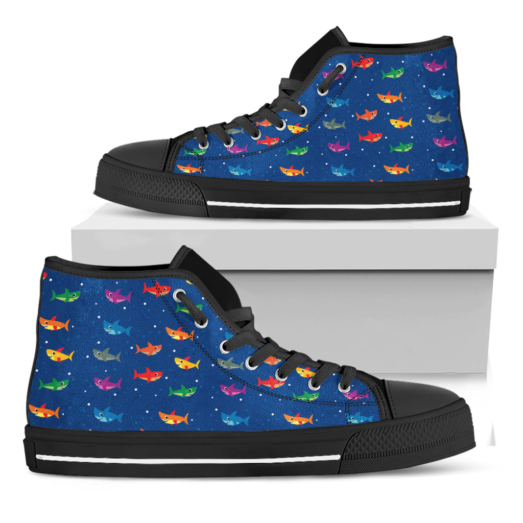 Colorful Baby Sharks Pattern Print Black High Top Shoes