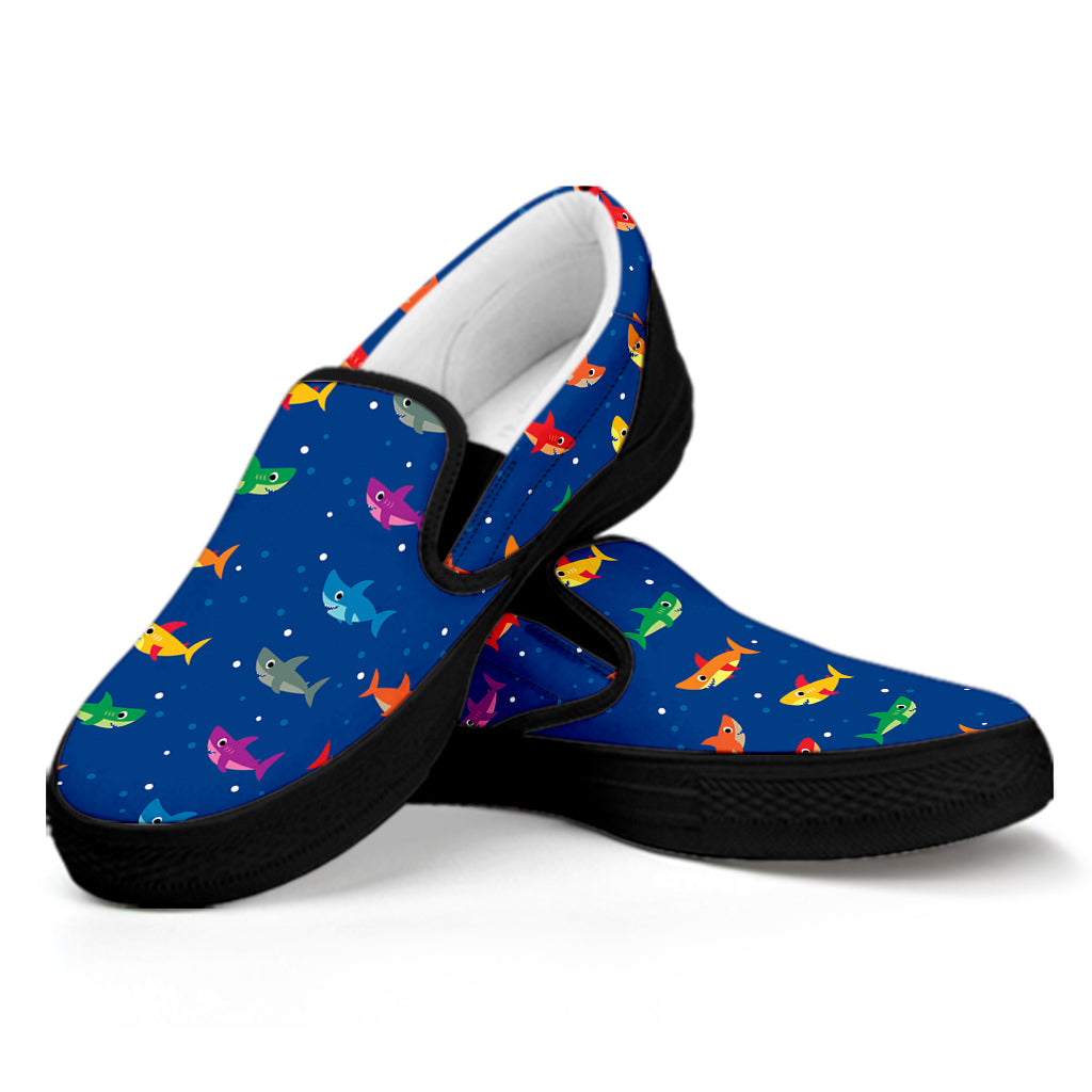 Colorful Baby Sharks Pattern Print Black Slip On Shoes