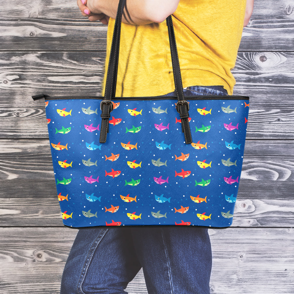 Colorful Baby Sharks Pattern Print Leather Tote Bag