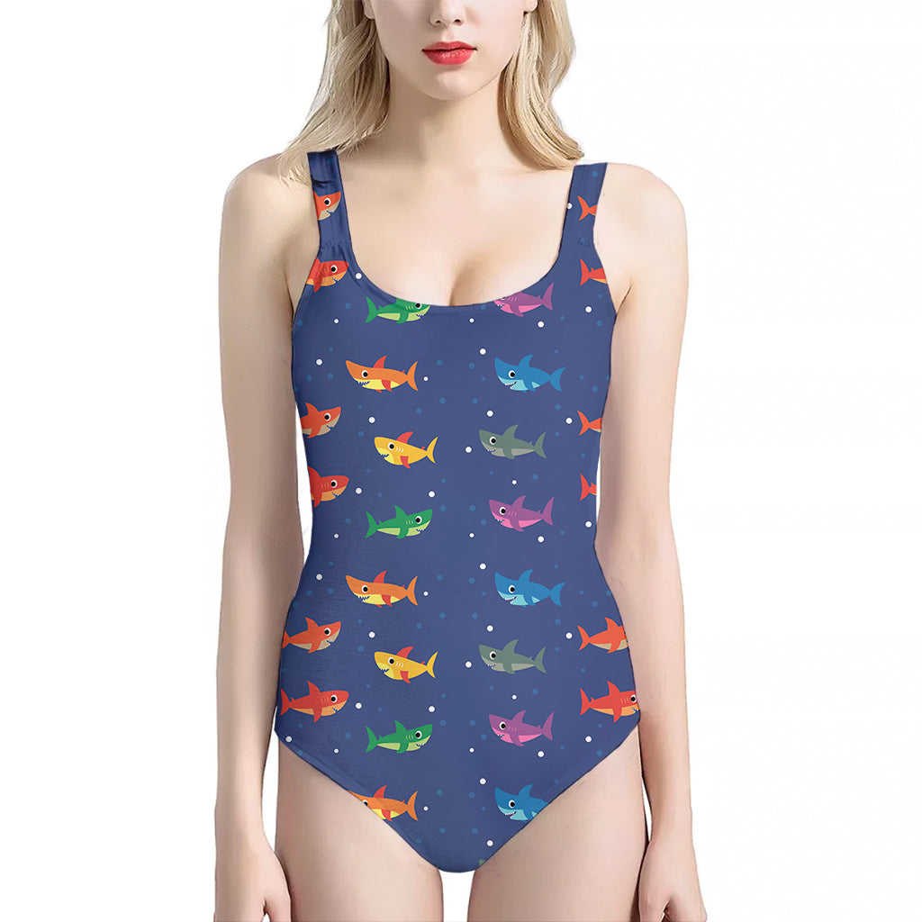 Colorful Baby Sharks Pattern Print One Piece Halter Neck Swimsuit