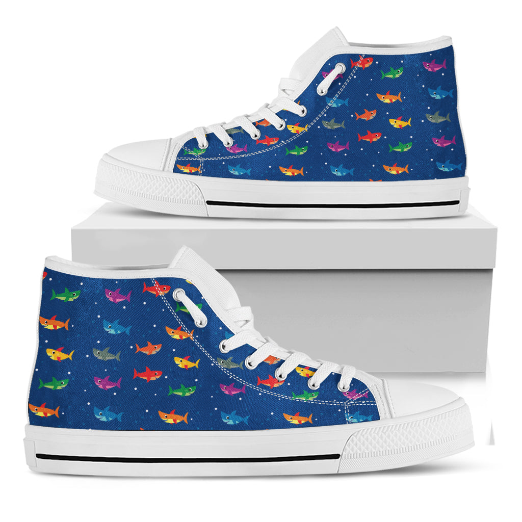 Colorful Baby Sharks Pattern Print White High Top Shoes