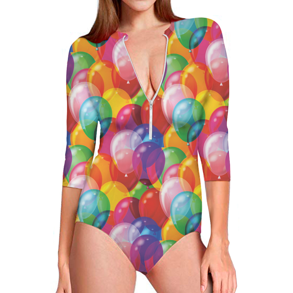 Colorful Balloon Pattern Print Long Sleeve One Piece Swimsuit