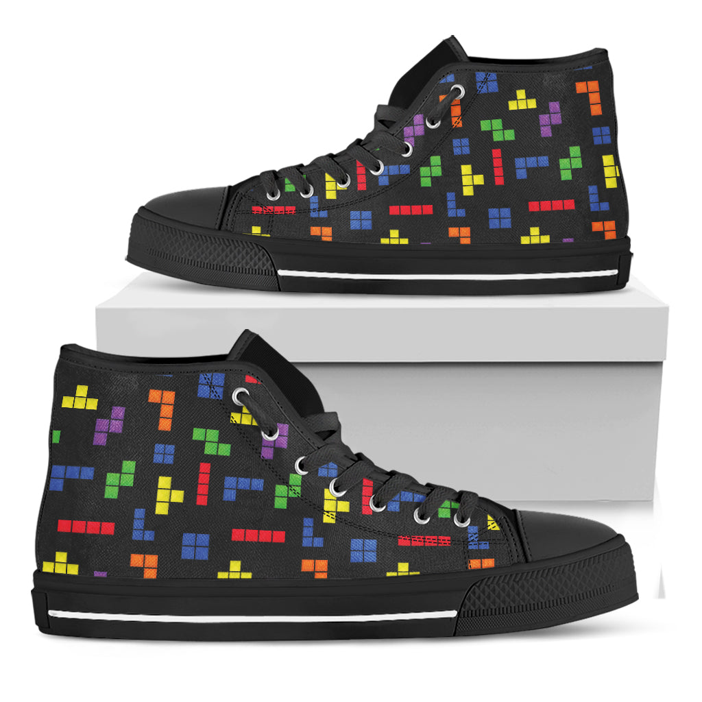 Colorful Block Puzzle Game Pattern Print Black High Top Shoes