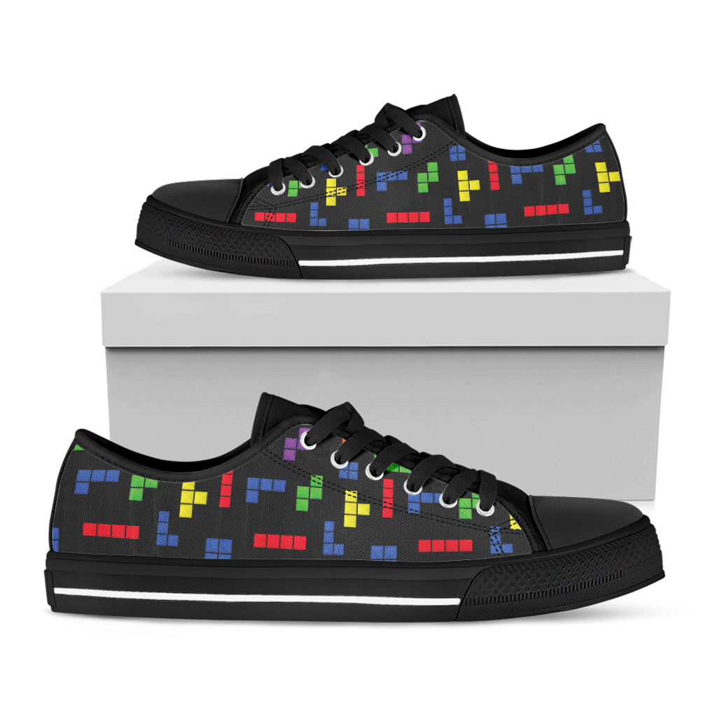 Colorful Block Puzzle Game Pattern Print Black Low Top Shoes