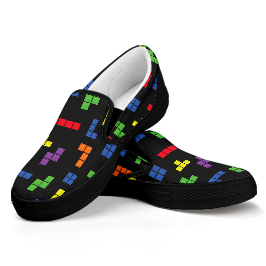 Colorful Block Puzzle Game Pattern Print Black Slip On Shoes