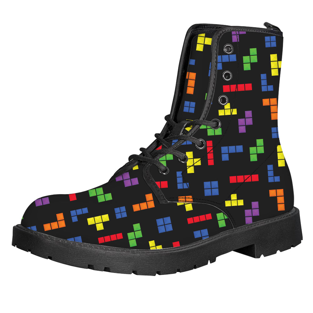 Colorful Block Puzzle Game Pattern Print Leather Boots