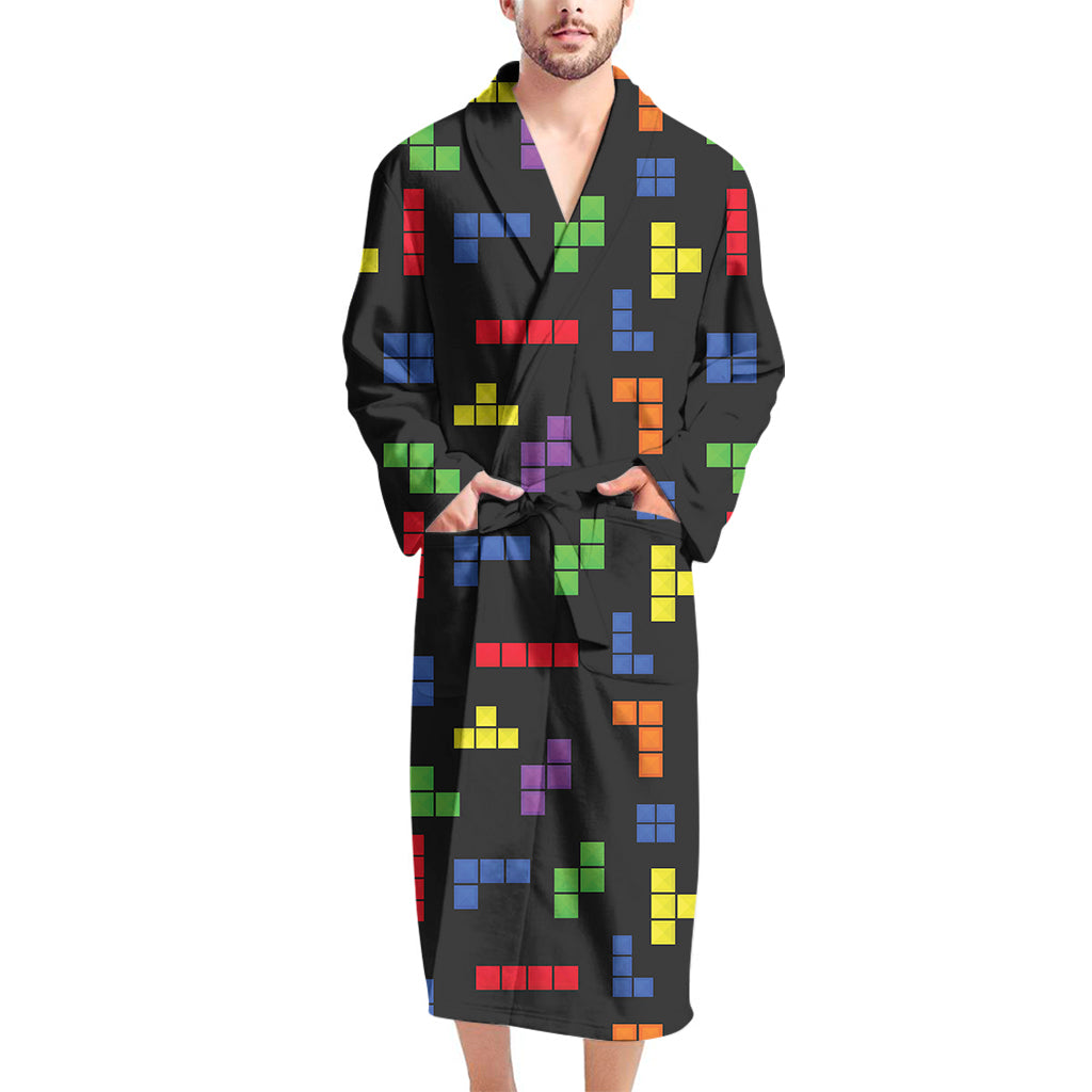 Colorful Block Puzzle Game Pattern Print Men's Bathrobe