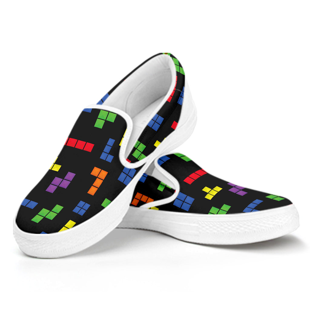 Colorful Block Puzzle Game Pattern Print White Slip On Shoes